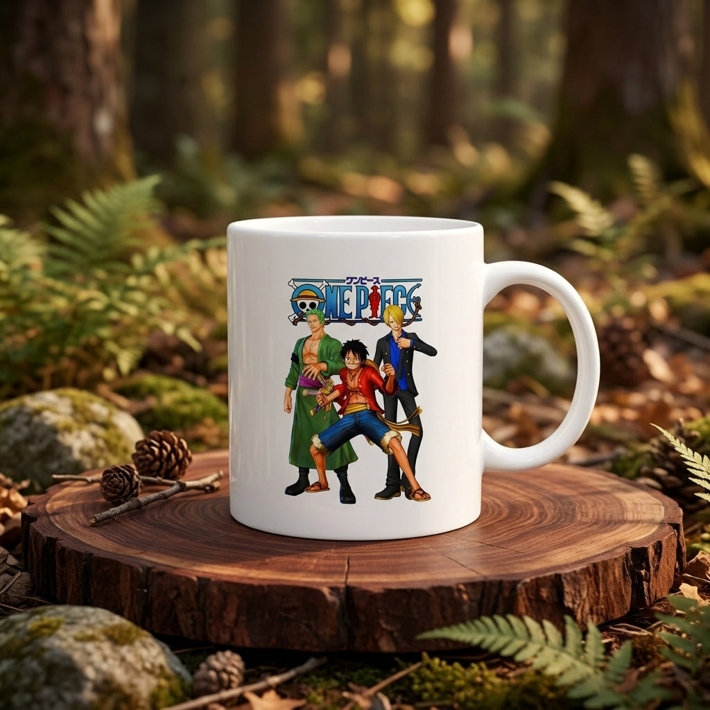 One Piece Monster Trio Luffy Zoro Sanji Graphic White Ceramic Mug - Straw Hat Pirates Anime Coffee Cup (11oz)
