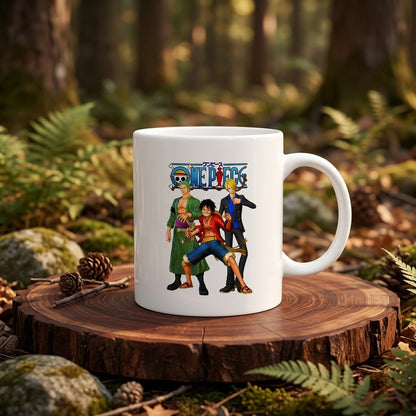 One Piece Monster Trio Luffy Zoro Sanji Graphic White Ceramic Mug - Straw Hat Pirates Anime Coffee Cup (11oz)