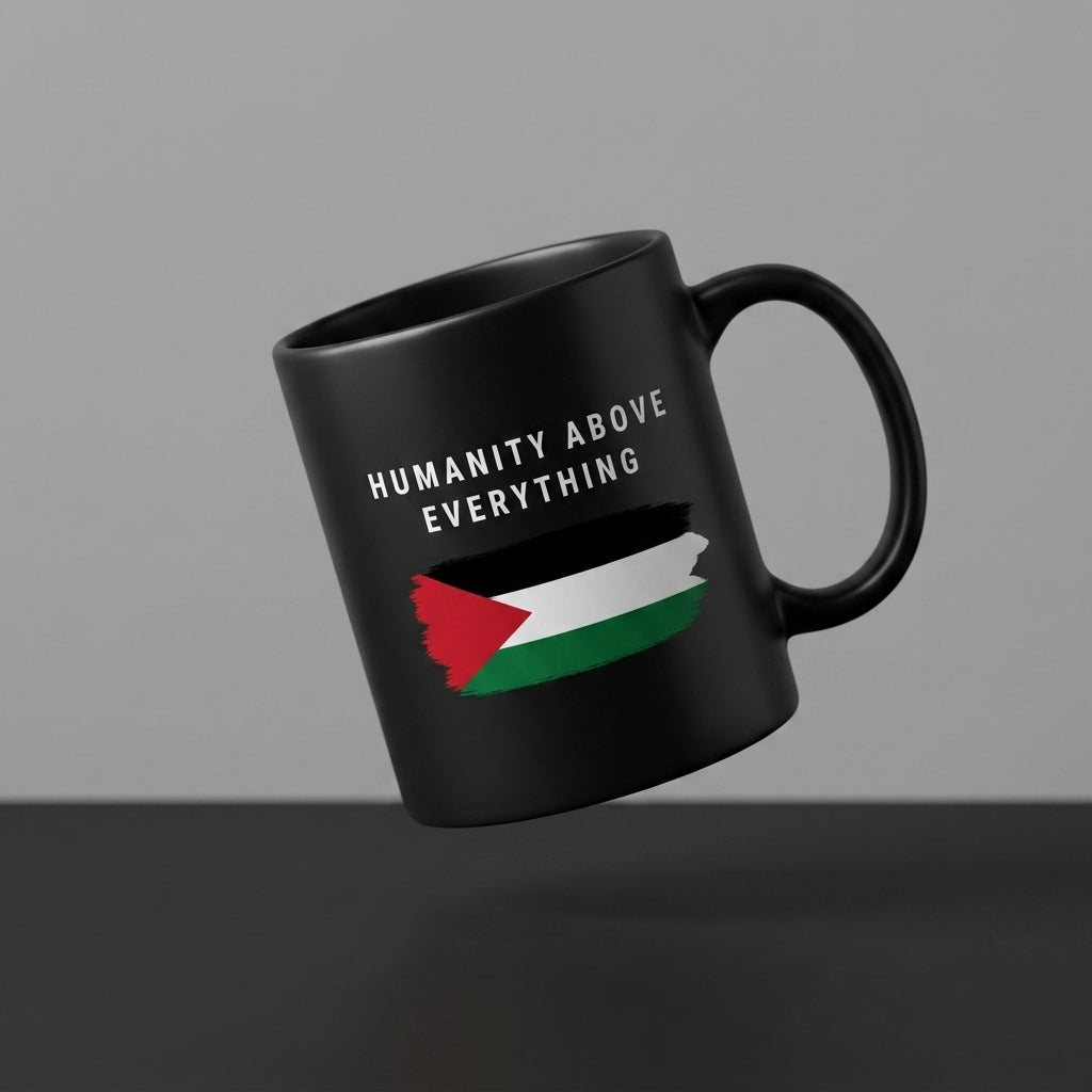 Humanity Above Everything Palestinian Flag Brushstroke Black Ceramic Coffee Mug - Meaningful Humanitarian Graphic Drinkware Cup (11oz)