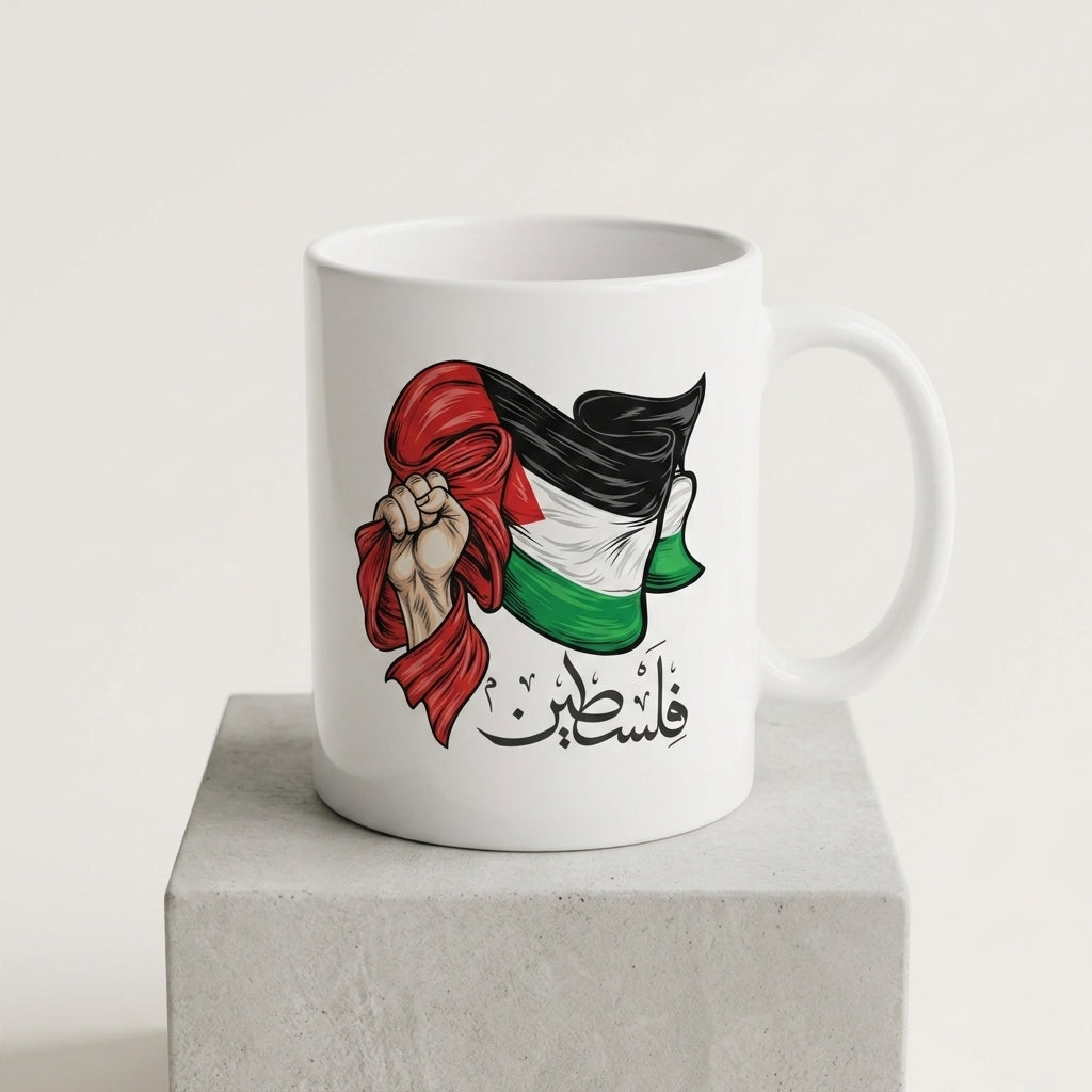 Palestinian Flag Raised Fist Art with Arabic Calligraphy White Ceramic Coffee Mug - Meaningful Solidarity Graphic Drinkware Cup (11oz)