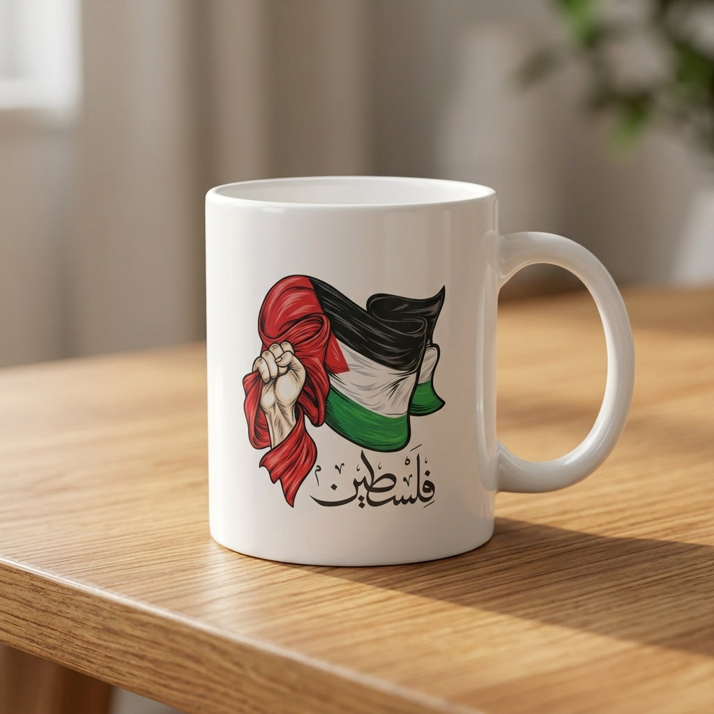 Palestinian Flag Raised Fist Art with Arabic Calligraphy White Ceramic Coffee Mug - Meaningful Solidarity Graphic Drinkware Cup (11oz)