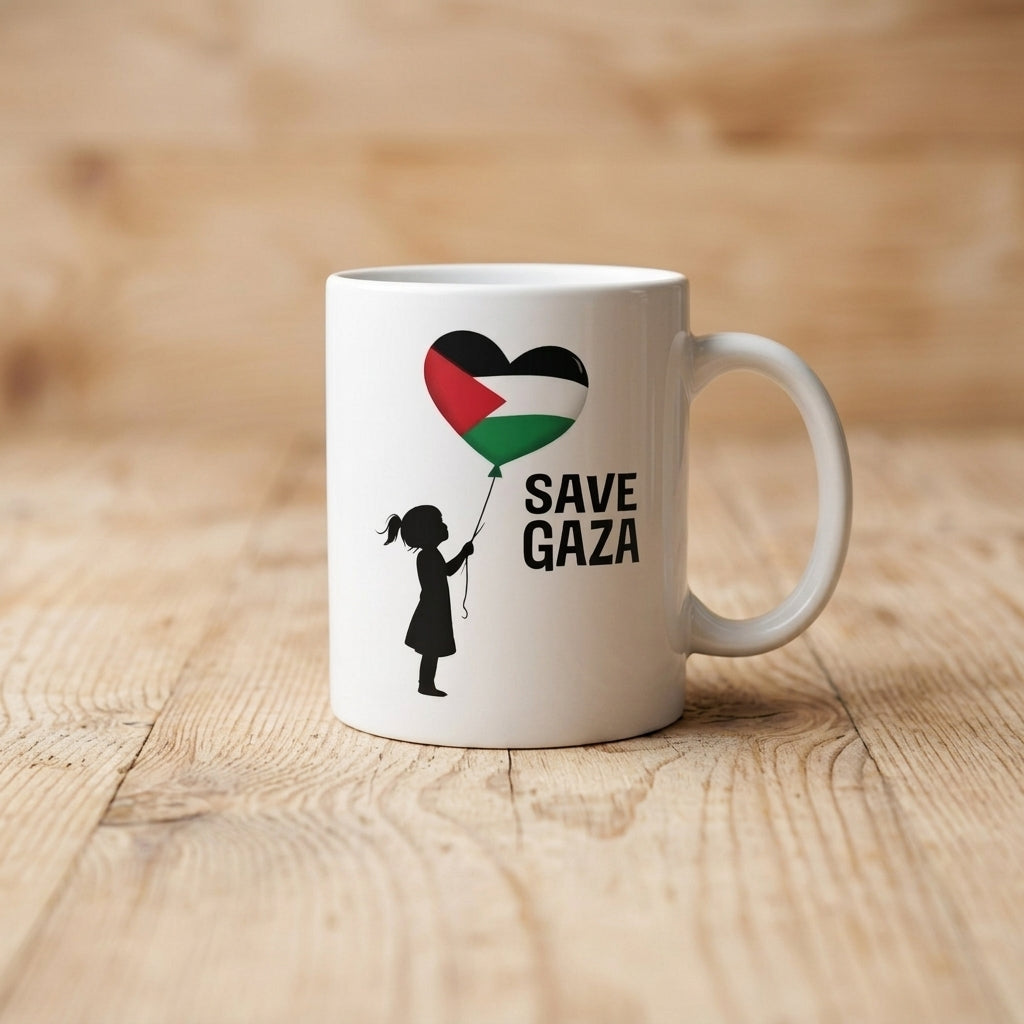 Save Gaza Girl with Palestine Heart Balloon White Ceramic Coffee Mug - Emotional Solidarity Graphic Drinkware Cup (11oz)
