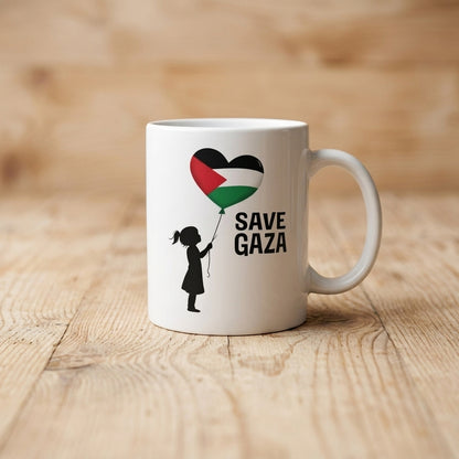Save Gaza Girl with Palestine Heart Balloon White Ceramic Coffee Mug - Emotional Solidarity Graphic Drinkware Cup (11oz)