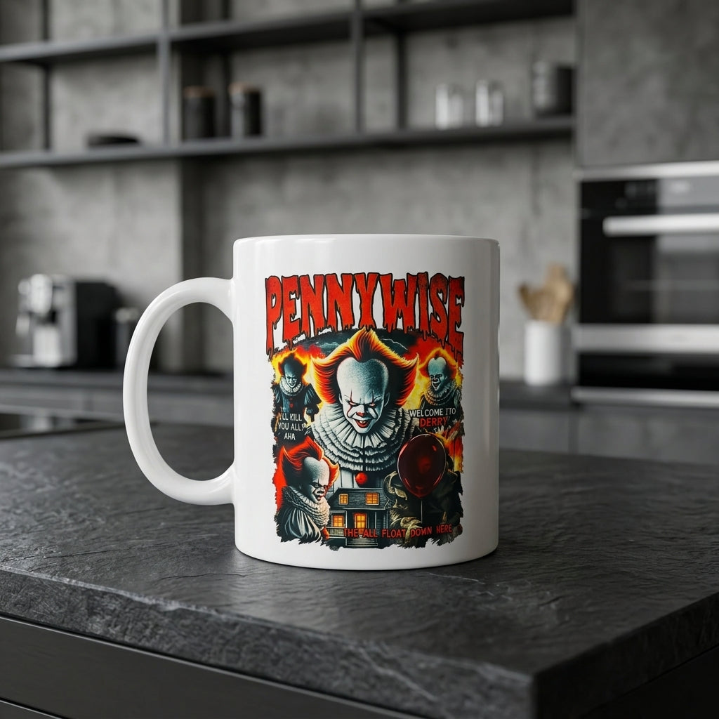 Pennywise IT Chapter Movie Graphic White Ceramic Mug - Vintage Horror Clown Halloween Coffee Cup (11oz)