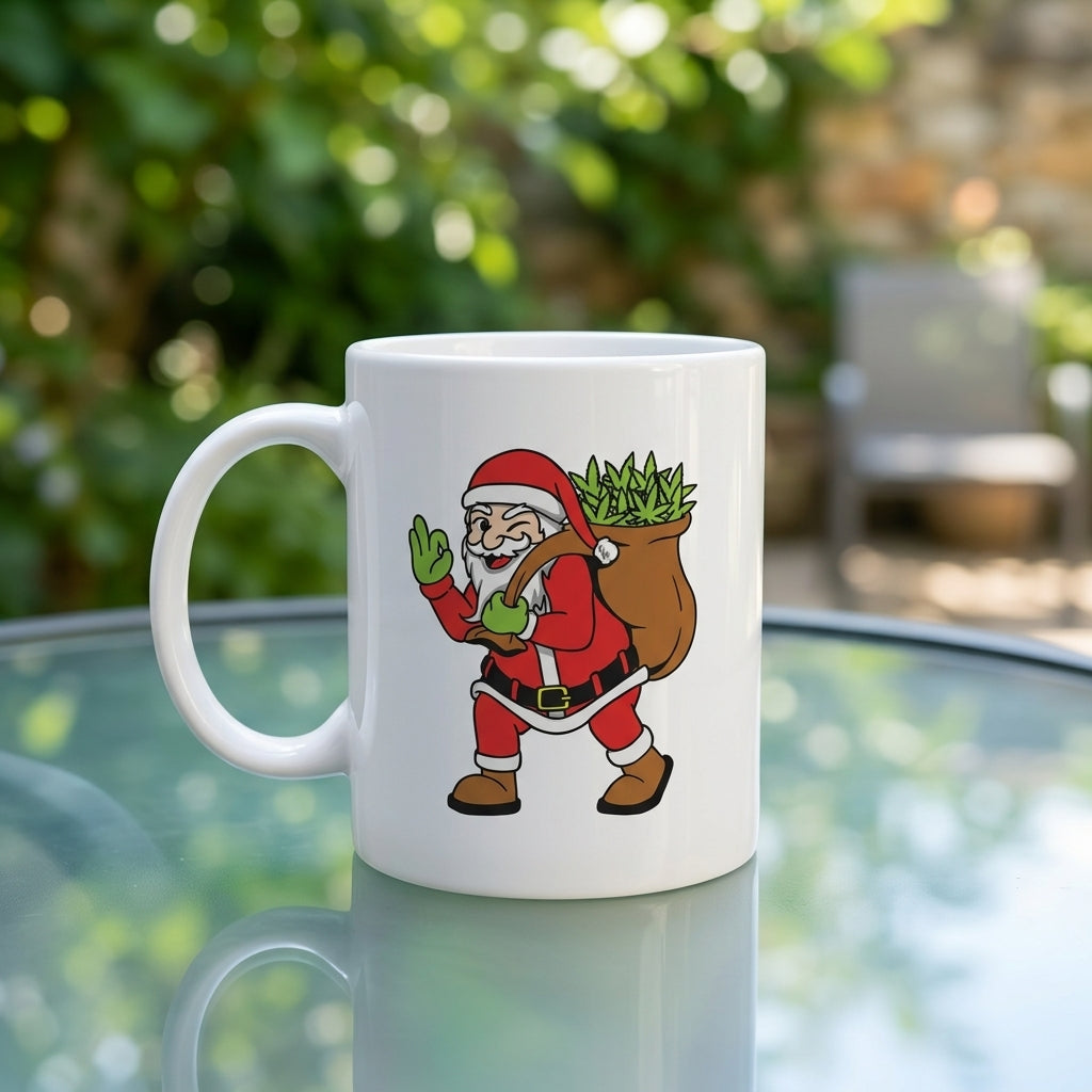 Funny Weed Santa Claus Carrying Cannabis Bag White Ceramic Mug - Ugly Christmas Sweater Stoner Coffee Cup (11oz)