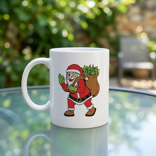 Funny Weed Santa Claus Carrying Cannabis Bag White Ceramic Mug - Ugly Christmas Sweater Stoner Coffee Cup (11oz)