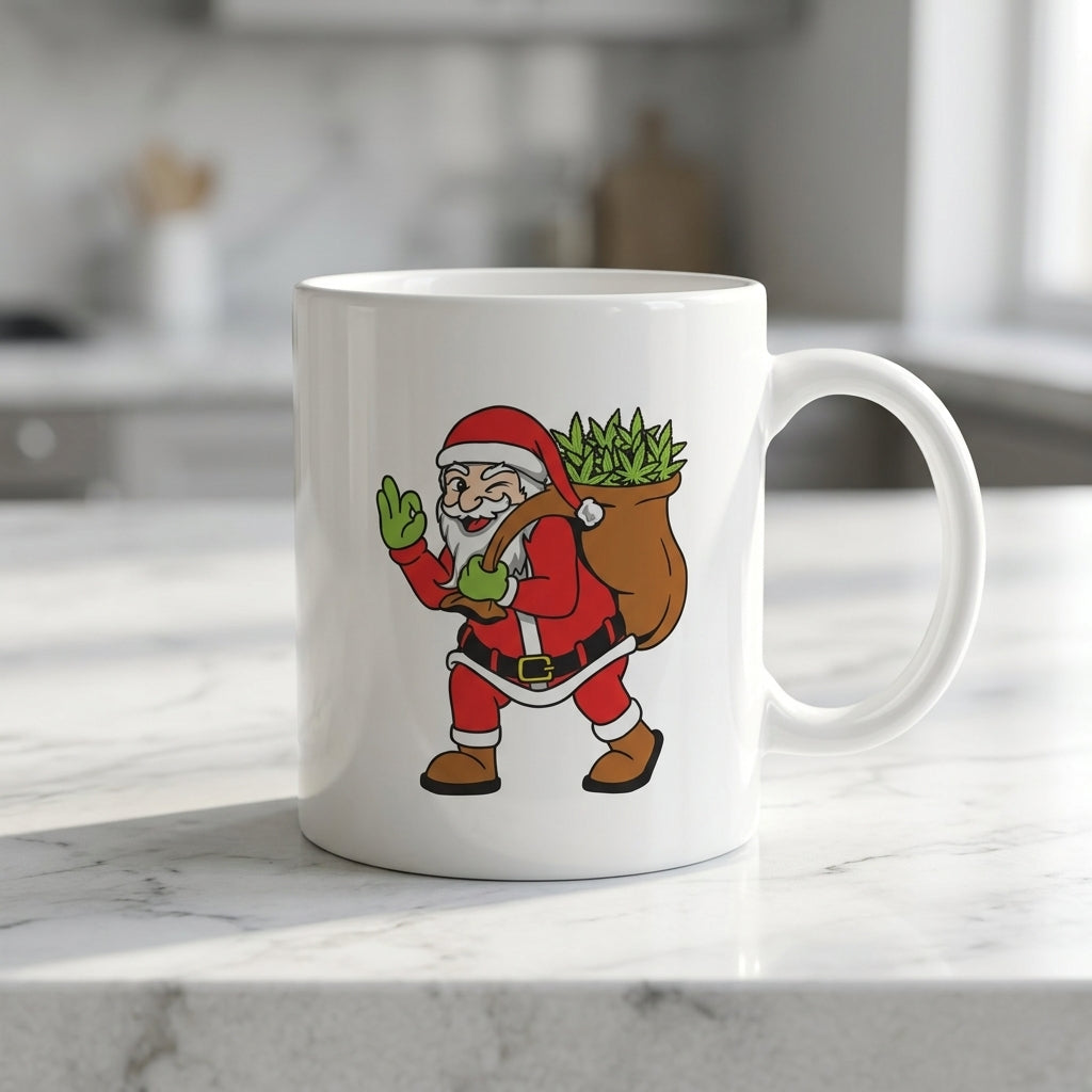 Funny Weed Santa Claus Carrying Cannabis Bag White Ceramic Mug - Ugly Christmas Sweater Stoner Coffee Cup (11oz)