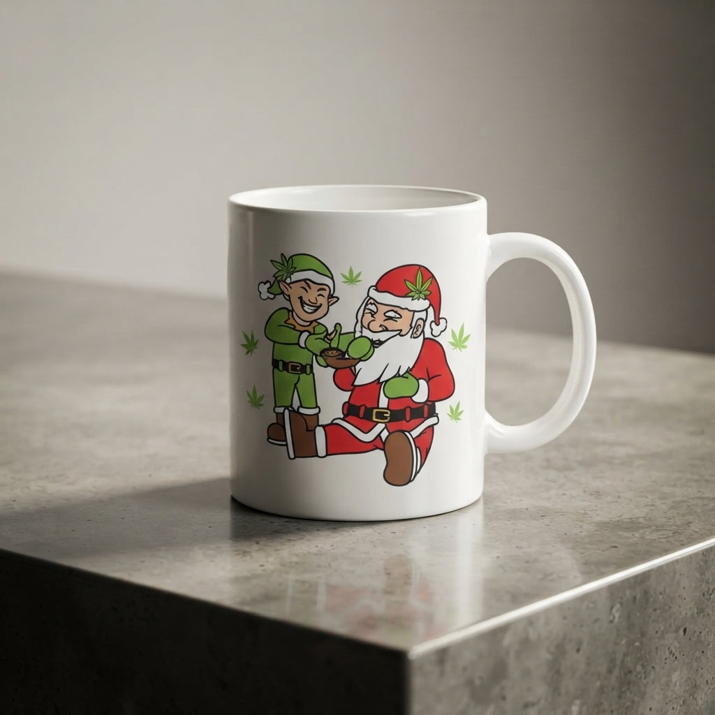 Funny Weed Santa & Elf Christmas Coffee Mug 11oz - Cannabis Leaf White Ceramic Tea Cup - Holiday Stoner Gift