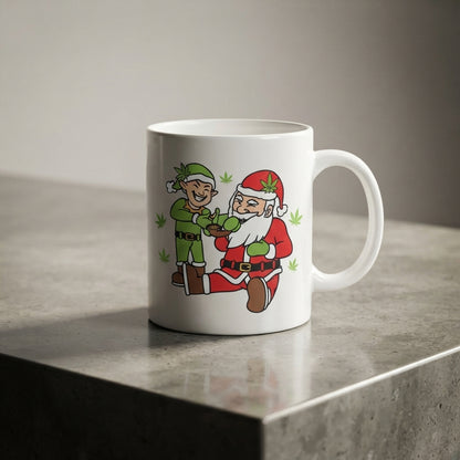 Funny Weed Santa & Elf Christmas Coffee Mug 11oz - Cannabis Leaf White Ceramic Tea Cup - Holiday Stoner Gift