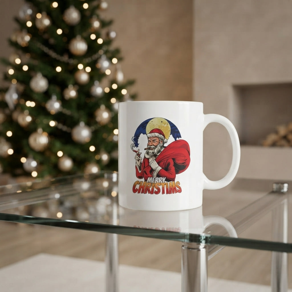Cool Badass Santa Christmas Coffee Mug - Smoking Santa Claus White Ceramic Tea Cup - Funny Vintage Holiday Gift