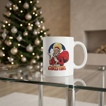 Cool Badass Santa Christmas Coffee Mug - Smoking Santa Claus White Ceramic Tea Cup - Funny Vintage Holiday Gift