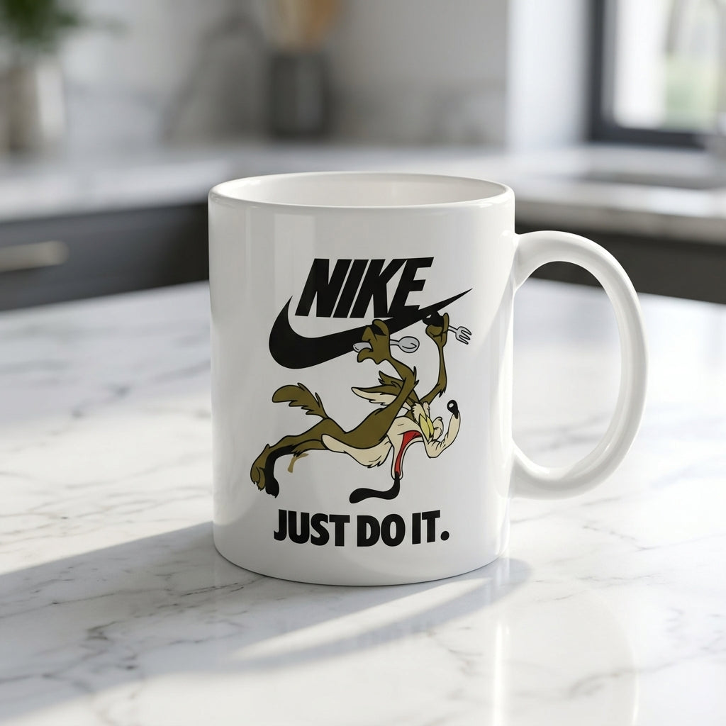 Wile E. Coyote Nike Parody "Just Do It" White Ceramic Mug - Retro Cartoon Funny Streetwear Coffee Cup (11oz)