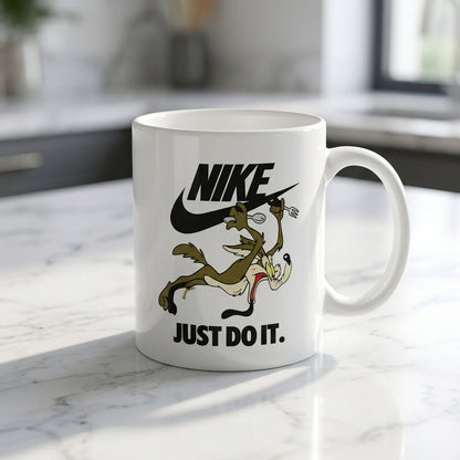 Wile E. Coyote Nike Parody "Just Do It" White Ceramic Mug - Retro Cartoon Funny Streetwear Coffee Cup (11oz)