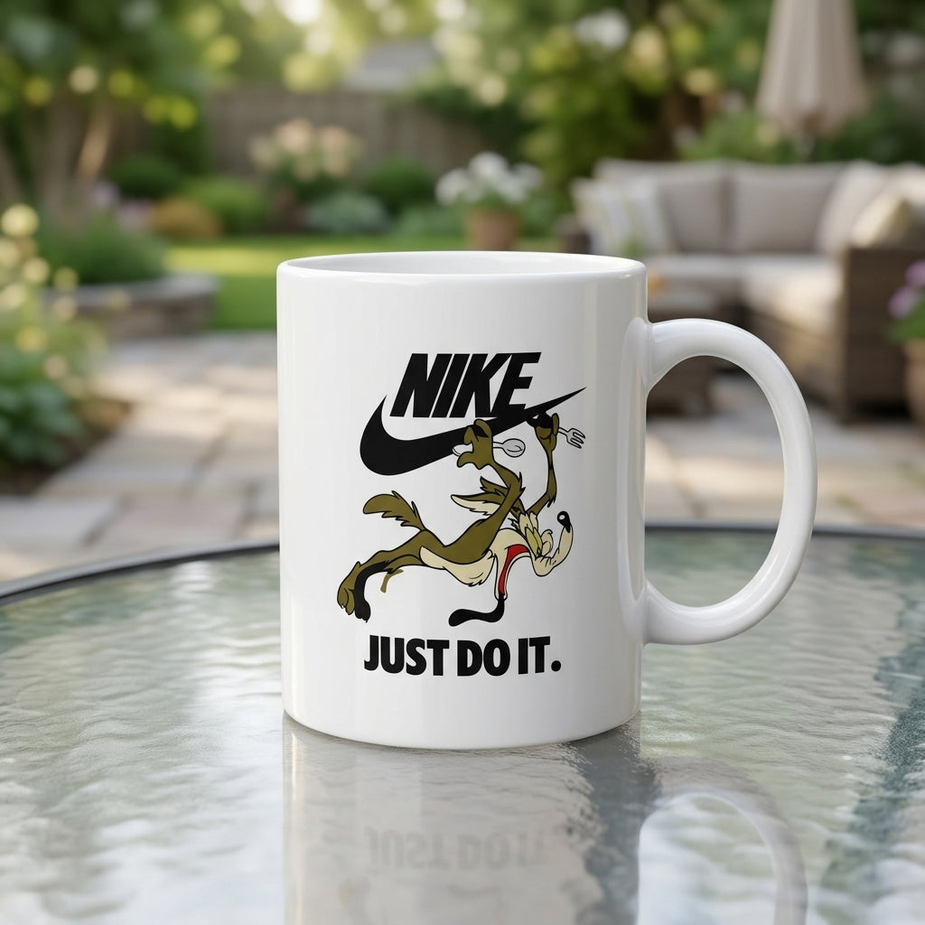 Wile E. Coyote Nike Parody "Just Do It" White Ceramic Mug - Retro Cartoon Funny Streetwear Coffee Cup (11oz)
