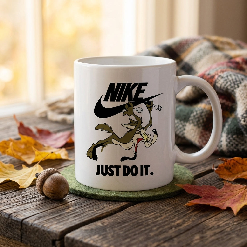 Wile E. Coyote Nike Parody "Just Do It" White Ceramic Mug - Retro Cartoon Funny Streetwear Coffee Cup (11oz)