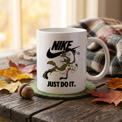 Wile E. Coyote Nike Parody "Just Do It" White Ceramic Mug - Retro Cartoon Funny Streetwear Coffee Cup (11oz)