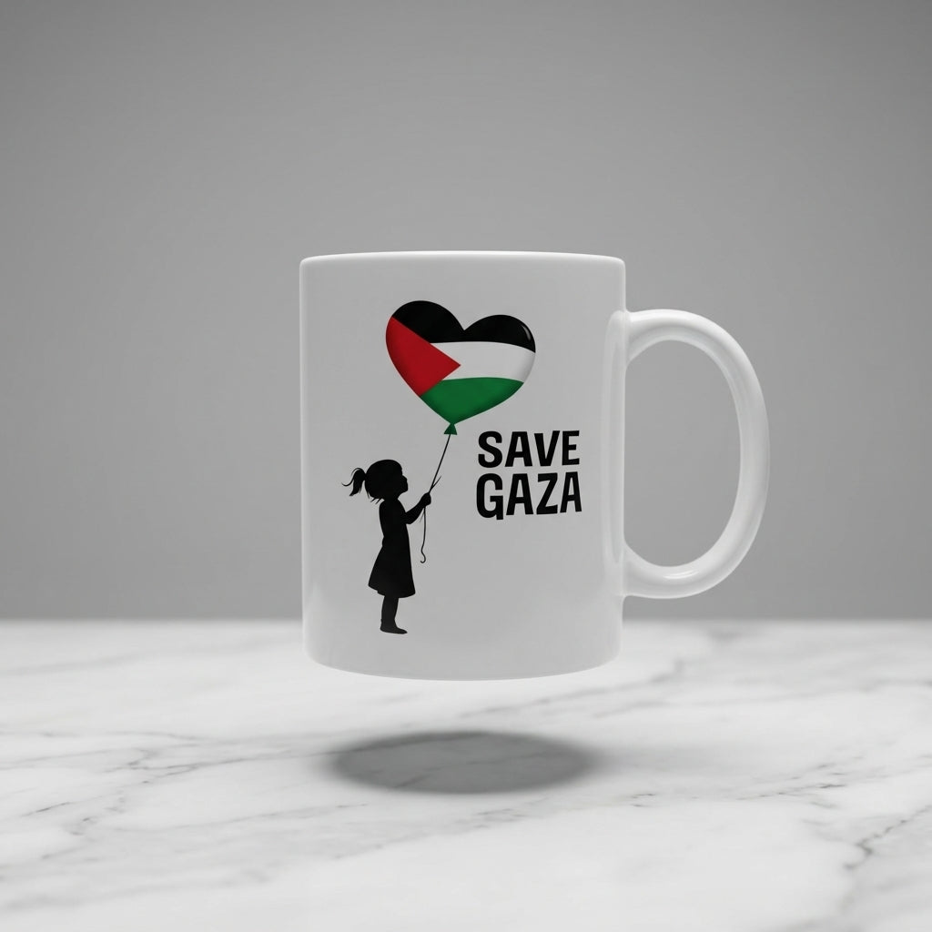 Save Gaza Girl with Palestine Heart Balloon White Ceramic Coffee Mug - Emotional Solidarity Graphic Drinkware Cup (11oz)