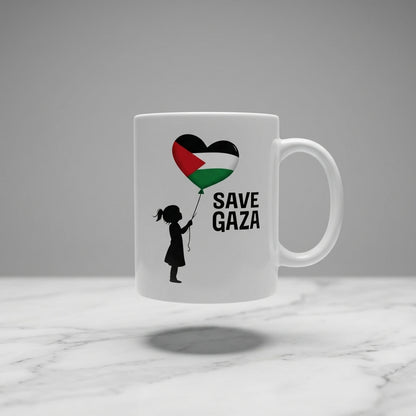 Save Gaza Girl with Palestine Heart Balloon White Ceramic Coffee Mug - Emotional Solidarity Graphic Drinkware Cup (11oz)