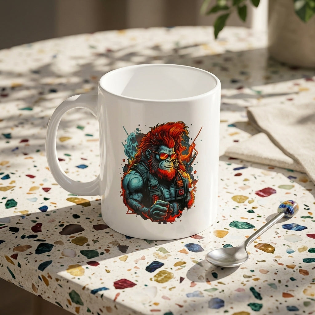 Cyberpunk Mech Ape Anime Graphic White Ceramic Mug - Futuristic Manga Art Otaku Coffee Cup (11oz)
