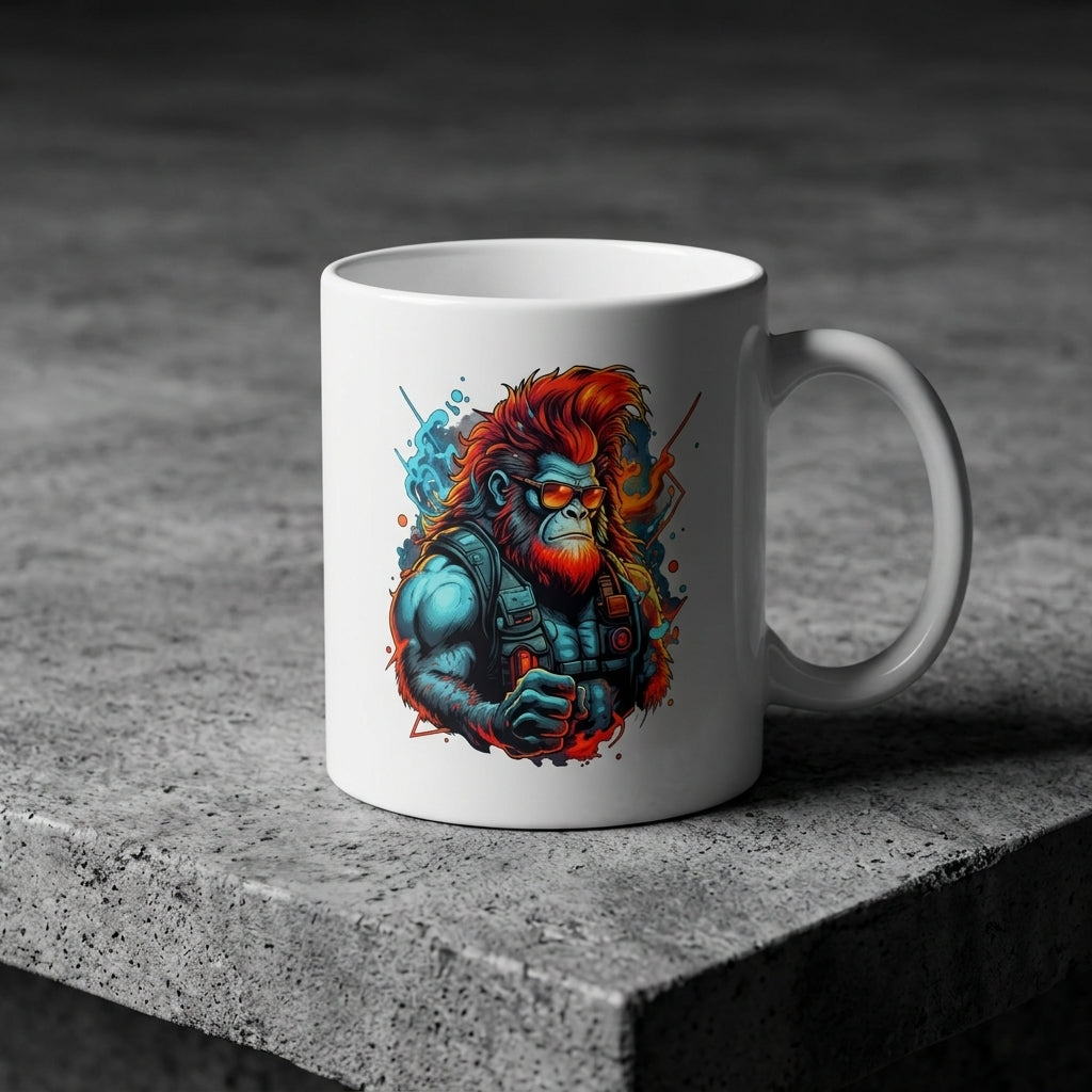Cyberpunk Mech Ape Anime Graphic White Ceramic Mug - Futuristic Manga Art Otaku Coffee Cup (11oz)