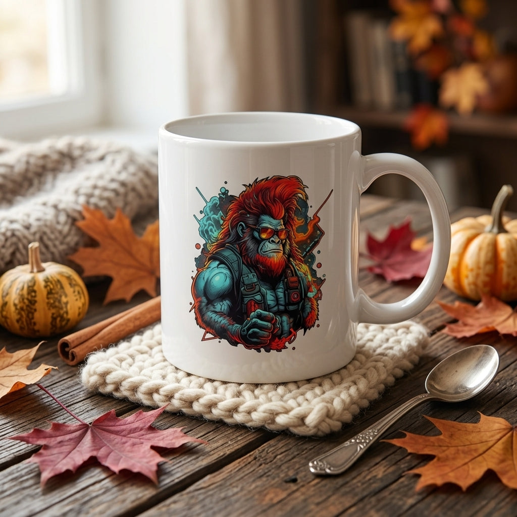 Cyberpunk Mech Ape Anime Graphic White Ceramic Mug - Futuristic Manga Art Otaku Coffee Cup (11oz)