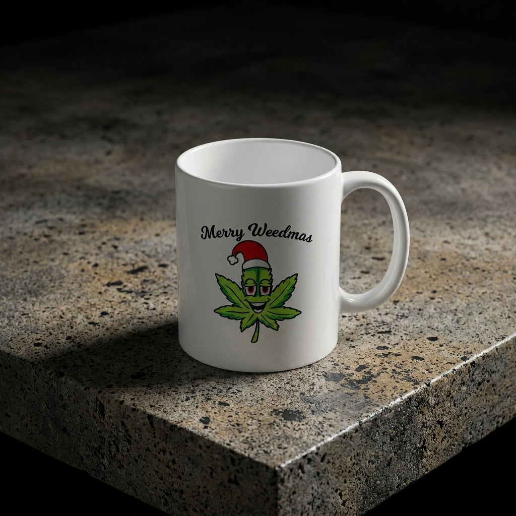 Funny "Merry Weedmas" Leaf Christmas Coffee Mug 11oz - White Ceramic Tea Cup