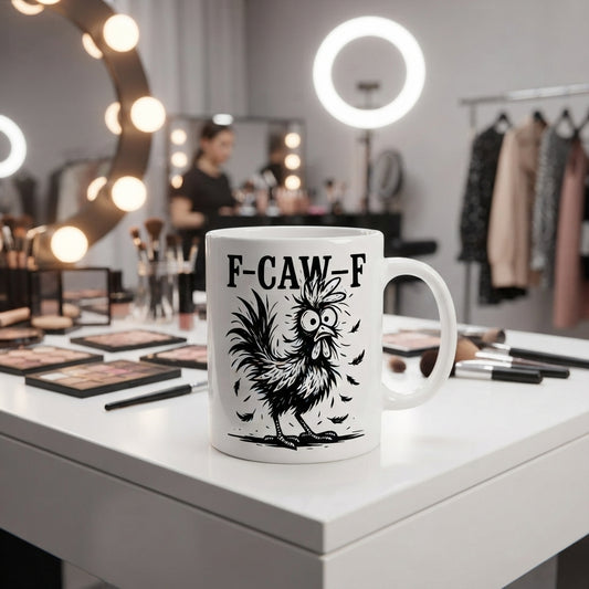 F-CAW-F Ruffled Chicken Mug – Black & White Sketch Style Rooster Ceramic Coffee Cup, Bold Line Art Gift