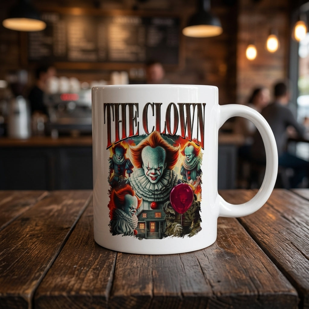 Pennywise The Clown Vintage Horror Movie Collage White Ceramic Mug - Spooky Halloween IT Chapter Coffee Cup (11oz)