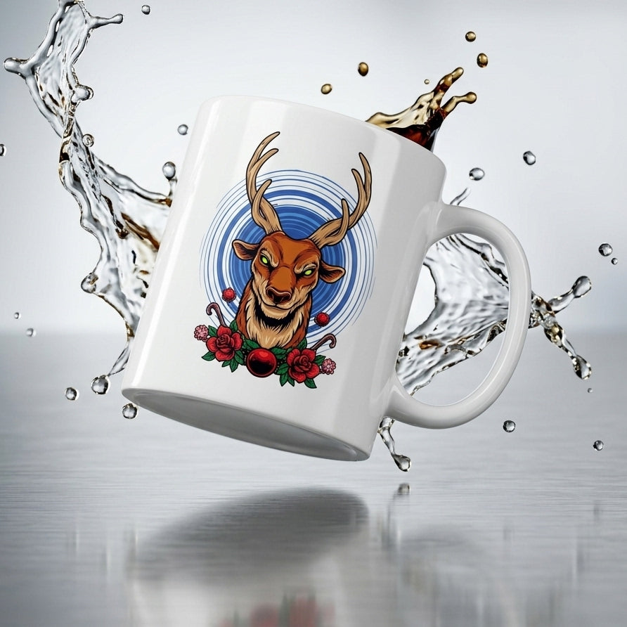 Majestic Reindeer Antlers Floral Christmas Coffee Mug 11oz - White Ceramic Tea Cup