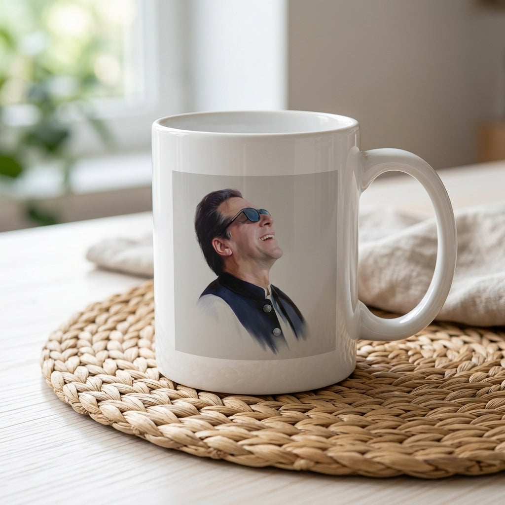 Iconic Imran Khan Laughing Graphic Ceramic Cup – High-Quality Printed Tea & Coffee Drinkware