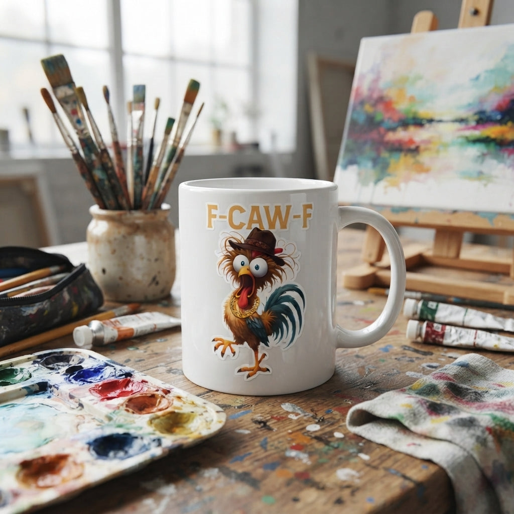 F-CAW-F Cowboy Rooster Mug – Funny Chicken In A Hat Ceramic Coffee Cup, Novelty Farmhouse Gift