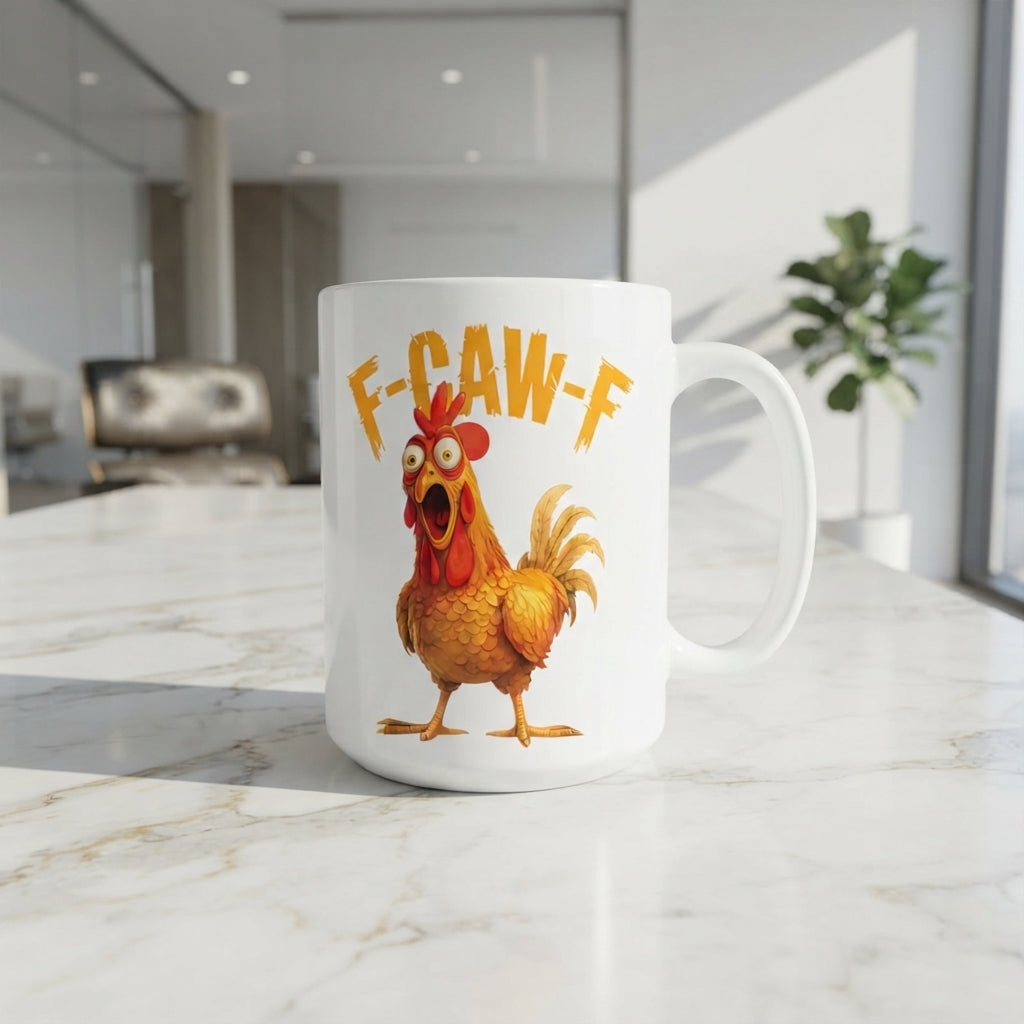 F-CAW-F Startled Rooster Mug – Bold Orange Cartoon Chicken Ceramic Coffee Cup, Fun Office Mug