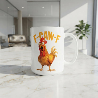 F-CAW-F Startled Rooster Mug – Bold Orange Cartoon Chicken Ceramic Coffee Cup, Fun Office Mug