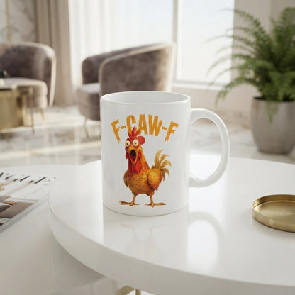F-CAW-F Startled Rooster Mug – Bold Orange Cartoon Chicken Ceramic Coffee Cup, Fun Office Mug