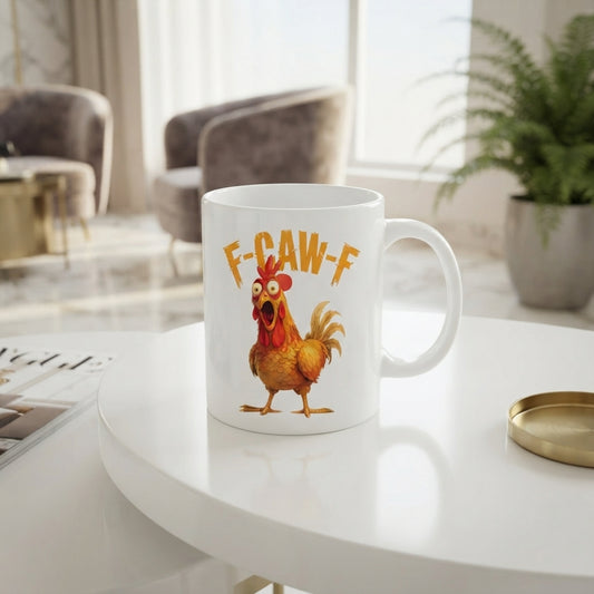 F-CAW-F Startled Rooster Mug – Bold Orange Cartoon Chicken Ceramic Coffee Cup, Fun Office Mug