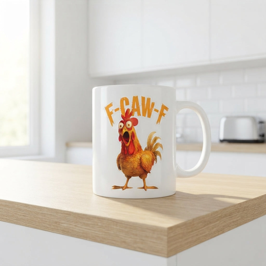 F-CAW-F Startled Rooster Mug – Bold Orange Cartoon Chicken Ceramic Coffee Cup, Fun Office Mug