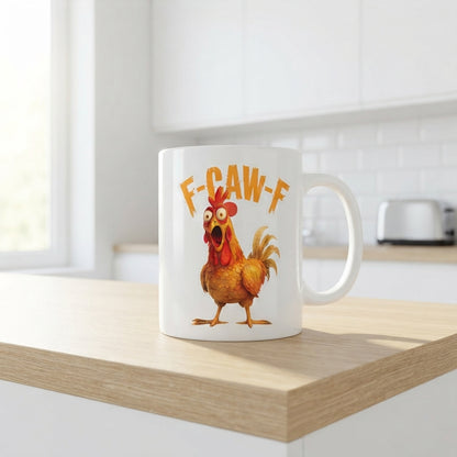 F-CAW-F Startled Rooster Mug – Bold Orange Cartoon Chicken Ceramic Coffee Cup, Fun Office Mug