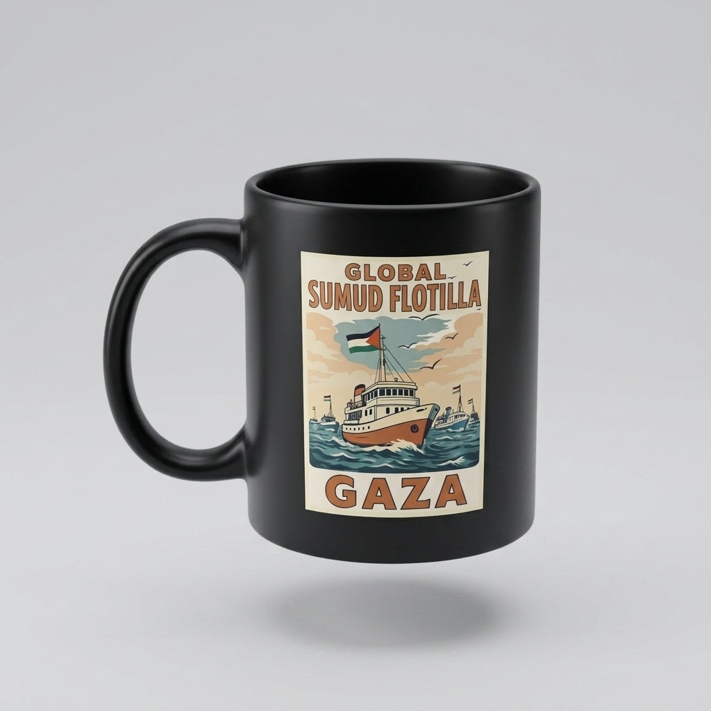 Global Sumud Flotilla Gaza Vintage Poster Artwork Black Ceramic Coffee Mug - Meaningful Solidarity Graphic Drinkware Cup (11oz)