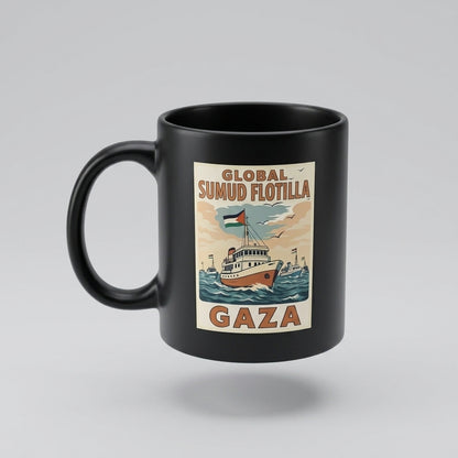 Global Sumud Flotilla Gaza Vintage Poster Artwork Black Ceramic Coffee Mug - Meaningful Solidarity Graphic Drinkware Cup (11oz)