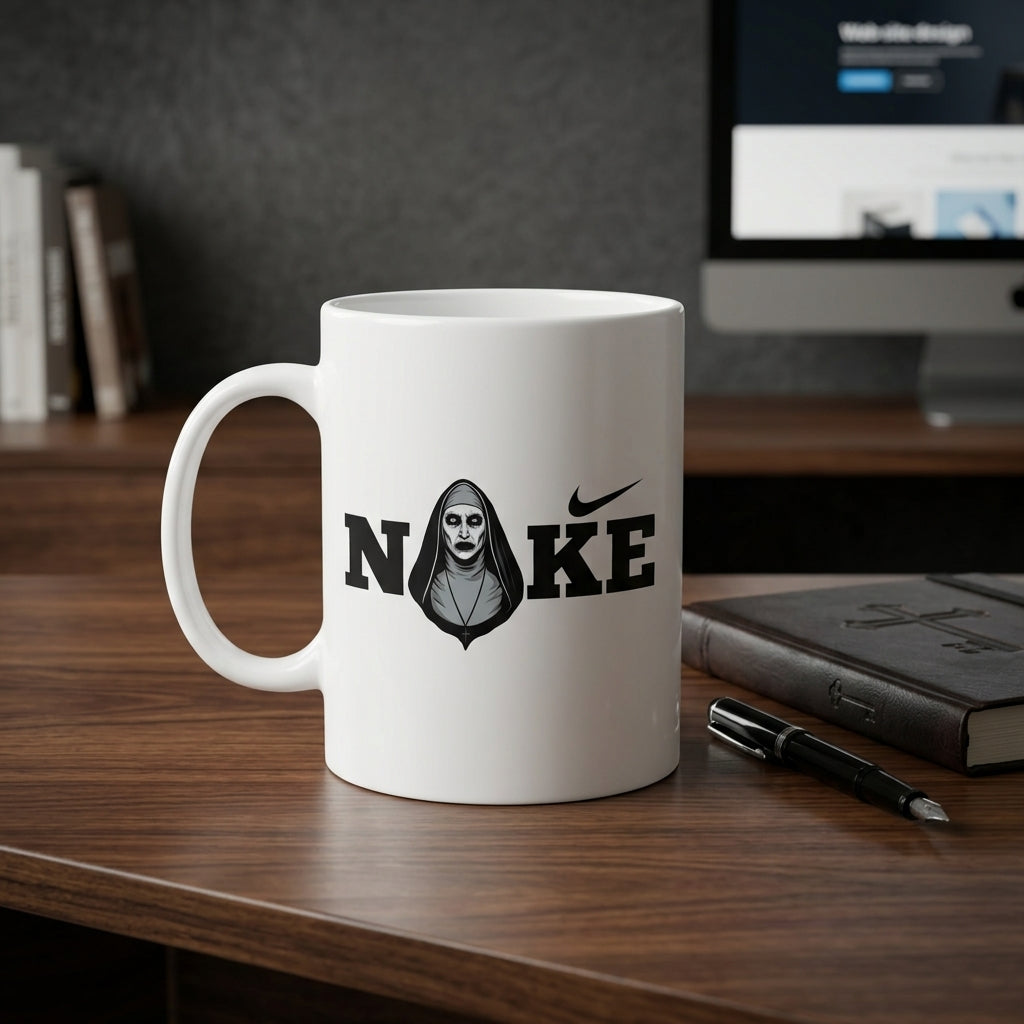 The Nun Horror Character Parody Typography Premium White Ceramic Coffee Mug - Dark Spoof Graphic Tea Cup (11oz)