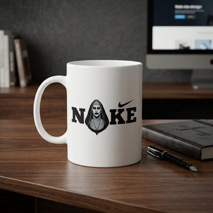 The Nun Horror Character Parody Typography Premium White Ceramic Coffee Mug - Dark Spoof Graphic Tea Cup (11oz)
