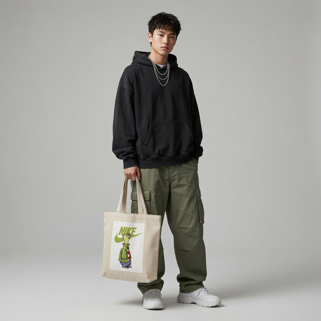Olive Green Graphic Canvas Tote Bag | Retro Pop Culture Cotton Carryall
