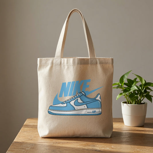 Classic Light Blue Sneaker Graphic Canvas Tote Bag | Retro Sneakerhead Cotton Tote