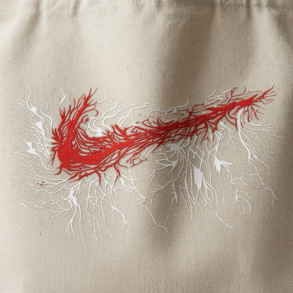 Abstract Root & Vein Swoosh Canvas Tote Bag - Artistic Red & White Graphic Shoulder Bag