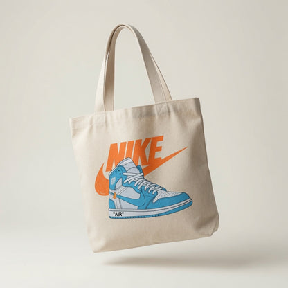 UNC Light Blue High-Top Graphic Canvas Tote Bag - Vintage Orange Logo Streetwear Shoulder Bag