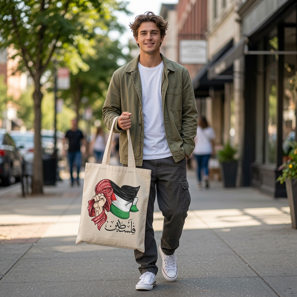 Palestine Resistance Hand Keffiyeh Canvas Tote Bag – Arabic Calligraphy & Flag Tote