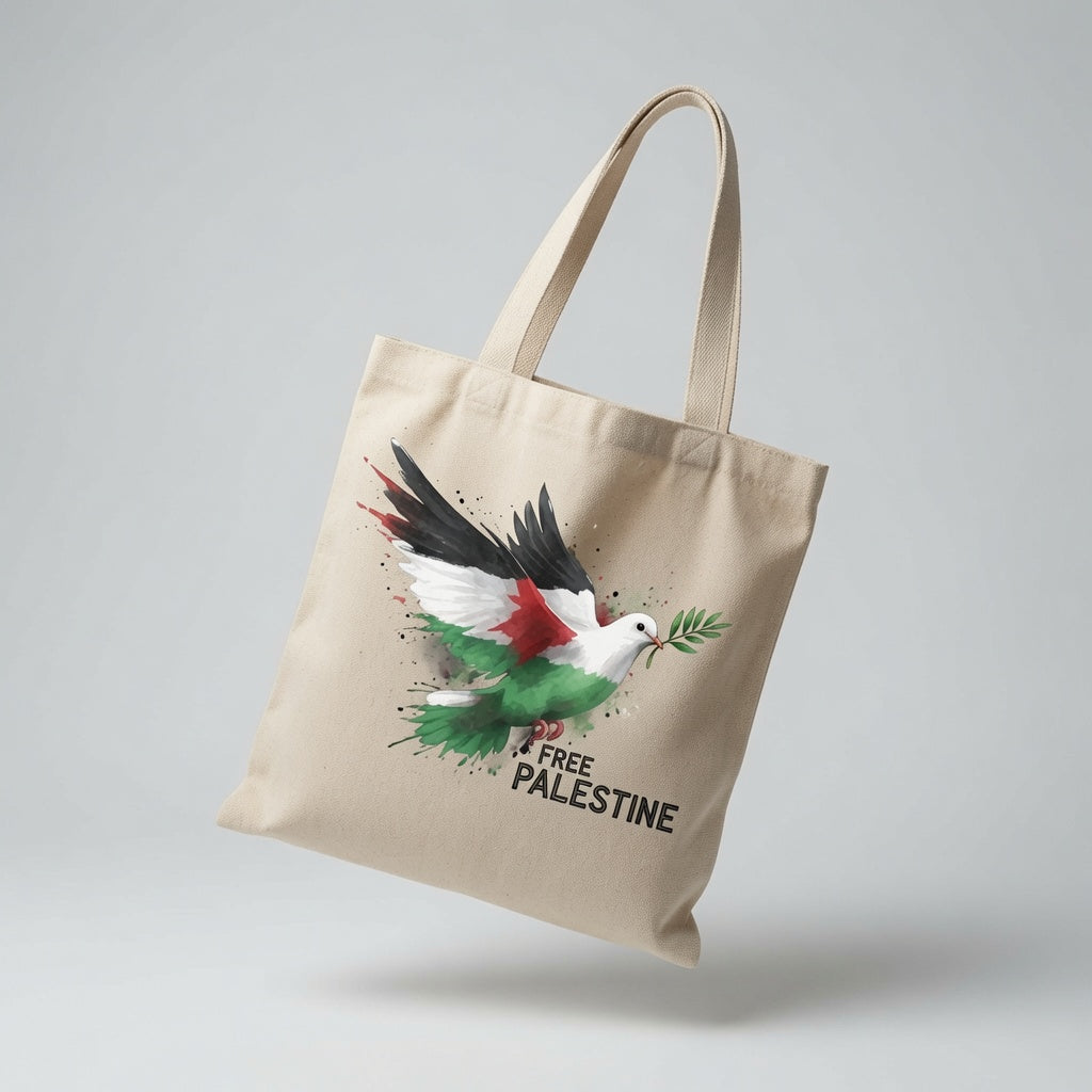 Free Palestine Peace Dove Canvas Tote Bag – Palestinian Flag Olive Branch Tote