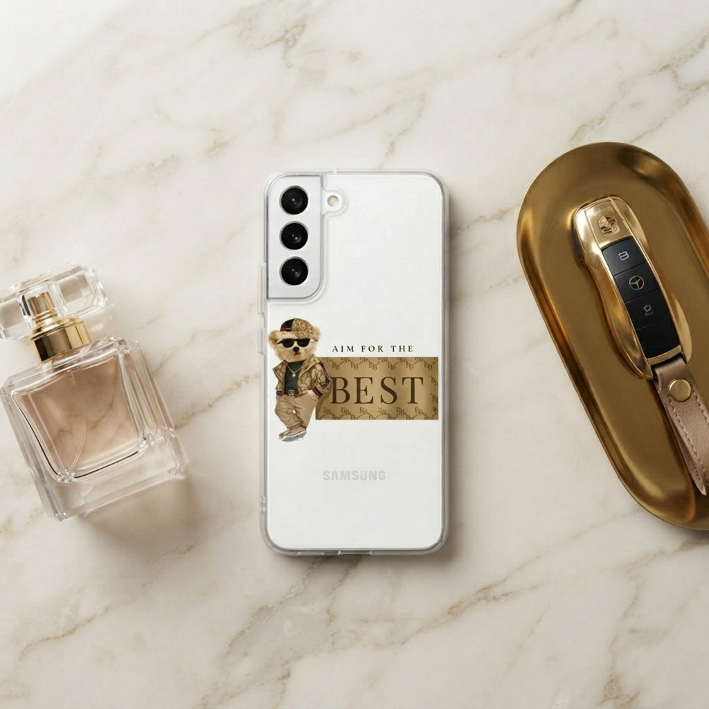 Clear Samsung Galaxy Case – Stylish Teddy Bear "Aim For The Best" Graphic Cover