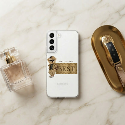 Clear Samsung Galaxy Case – Stylish Teddy Bear "Aim For The Best" Graphic Cover