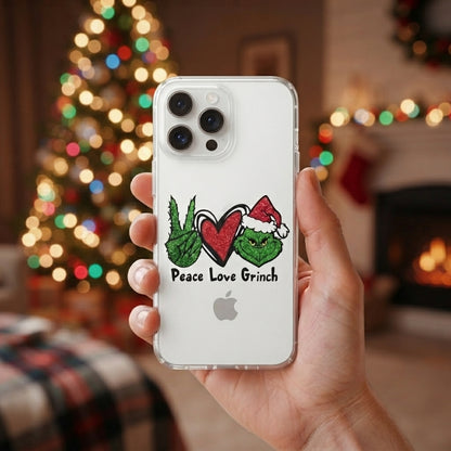 Peace Love Grinch Glitter Clear Case for iPhone | Funny Christmas Holiday Phone Cover